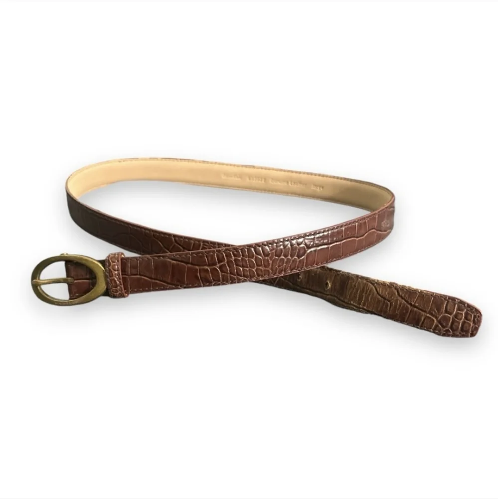 CALVIN KLEIN Croc Embossed Brown Leather Belt Oval Buckle